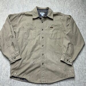 Vntg Carhartt Mens L Khaki Cotton Canvas Flannel‎ Lined Utility Jacket